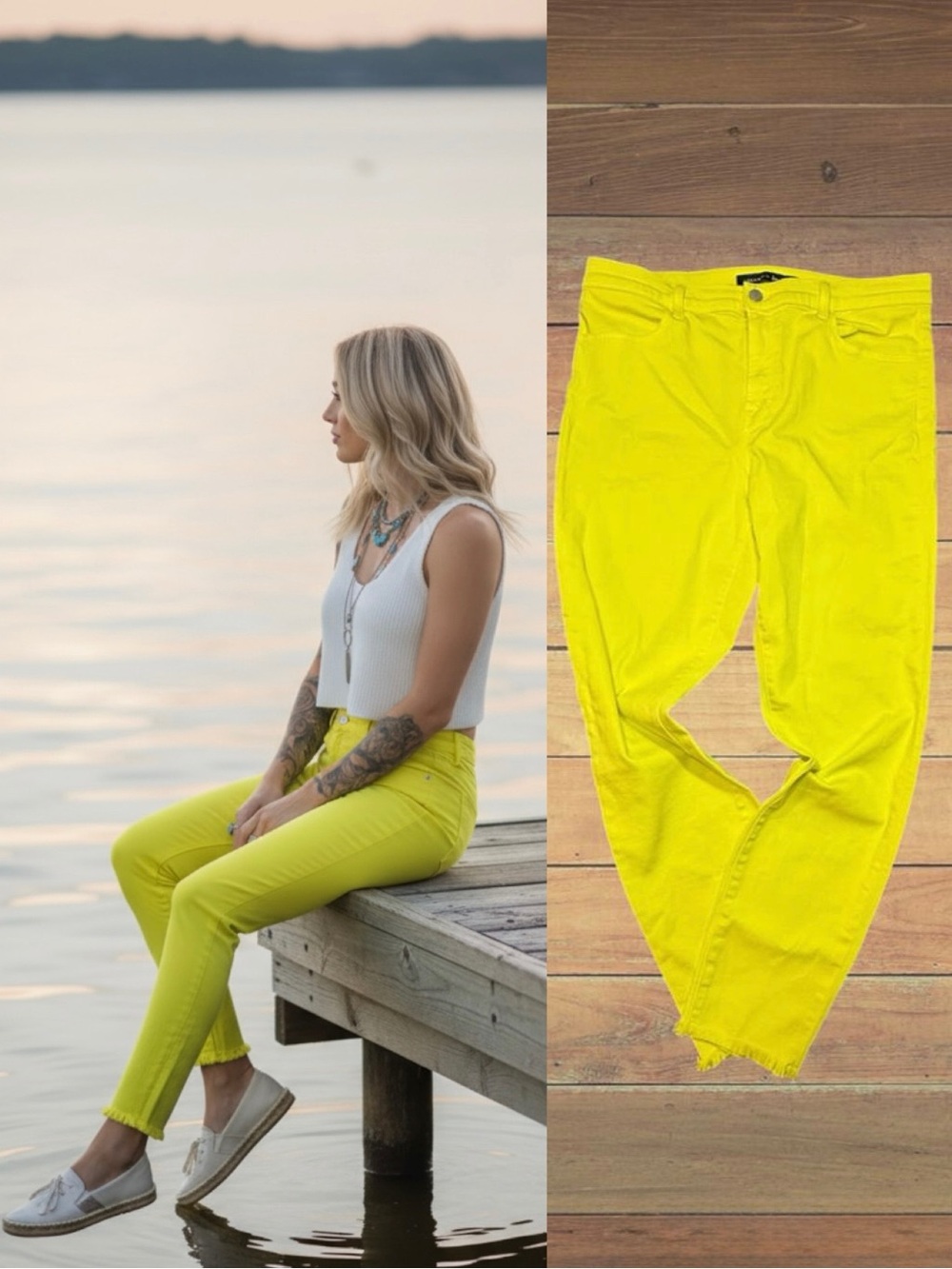 J BRAND Yellow Cropped Skinny Jeans Raw Fringe Hem Lemongrass Canary Denim 32